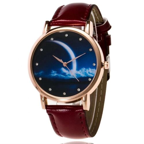 Zhoulianfa Strass Nuit Lune Motif Cadran Cristal Grain Pu Bracelet Cuir Montre (Marron)