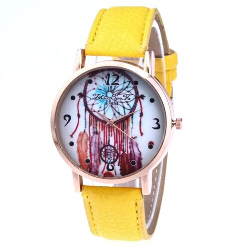 Zhoulianfa Casual Dreamcatcher Cadran Rond Réglable Pu Bracelet Quartz Analogique (Jaune)