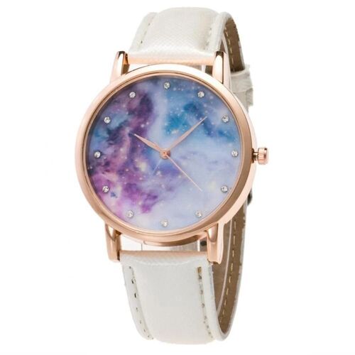 Zhoulianfa À La Mode Unisexe Décontracté Ciel Étoilé Pu Bracelet En Cuir Quartz Montre-Bracelet Montre(Blanc)