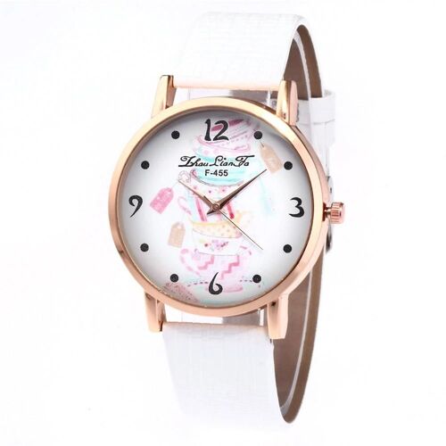 Zhoulianfa À La Mode Motif Coloré Grand Cadran Pu Bracelet En Cuir Montre De Style Décontracté (Blanc)