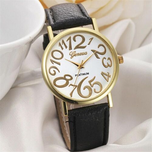 Montre À Bracelet En Cuir Pu À Cadran Rond Lumineux Lumineux Grand Nombre Figure (Blanc)