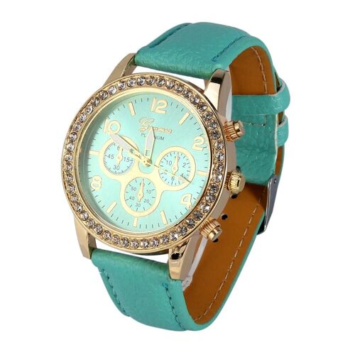 Femme À La Mode Robe Pu Cuir Quartz Analogique Ronde Montre-Bracelet (Vert Menthe)