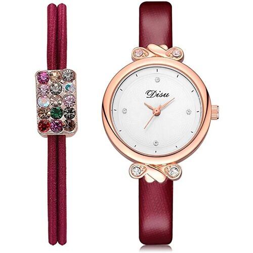 Disu Lady Pu Strap Classique Quartz Analogique Rond Causal Montre-Bracelet + Anneau De Cheveux (Rouge Foncé)