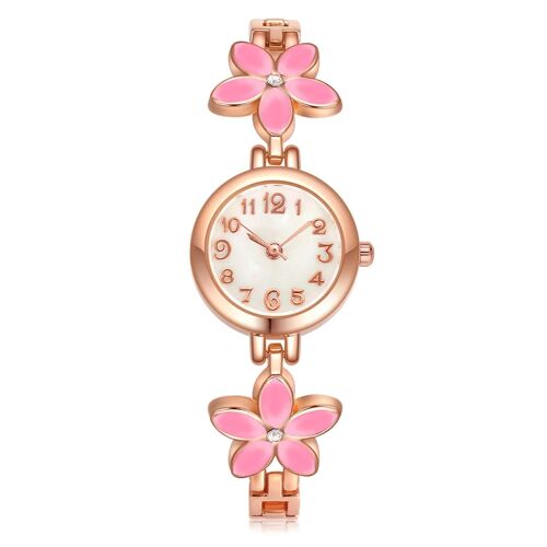 Lvpai Femmes Alliage Bracelet Quartz Cadran Rond Montre Affichage Analogique (Bracelet Or Fleur Rose)