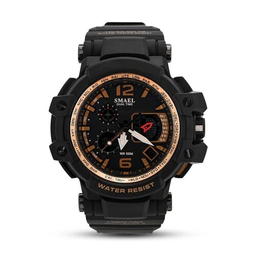 Analogique Et Numérique À Double Affichage Montre Pour Hommes Montre-Bracelet Ronde Multifonctionnelle (Noir + Or Rose)