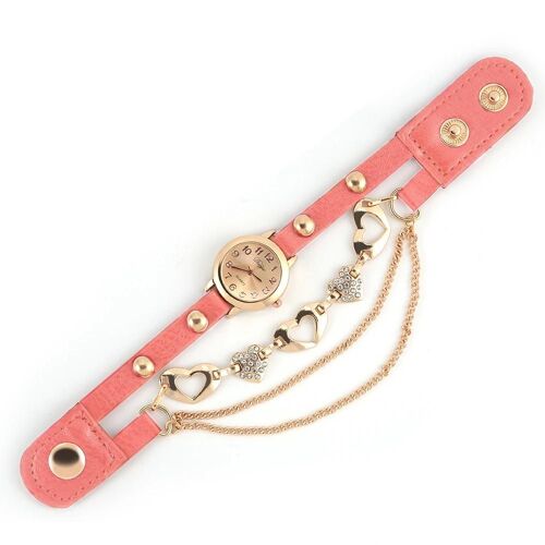 Femmes Quartz Pu Alliage Coeur Strass Cadran Rond Bracelet Chaîne Montre (Rose)