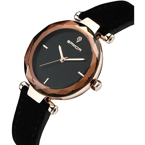 Sanda À La Mode Femmes Ronde Montre Bracelet En Cuir Affichage Analogique Montre-Bracelet À Quartz (Noir)