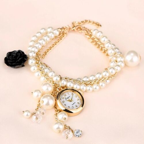 Faux Pearl Alloy Matériau Pendentif Cadran Quartz Mouvement Bracelet Montre Montre-Bracelet (Noir)