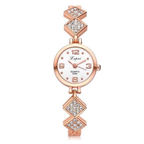 Femmes Strass Géométrie Sangle Cadran Rond Quartz Montre Montre-Bracelet (Bracelet Or Cadran Blanc)