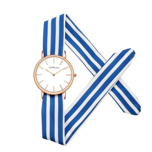 Montre En Alliage De Femmes À La Mode Bracelet En Tissu Cadran Rond Montre-Bracelet À Quartz Analogique (Bleu + Blanc)