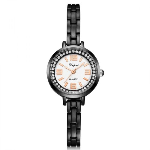 Ivpai Quartz Montre En Alliage Élégant Strass Chiffres Romains Montre-Bracelet (Noir + Blanc)