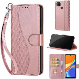 Saturcase Coque Pour Xiaomi Redmi 9c / Redmi 10a, S-Cube Pu Cuir Magnétique Flip Portefeuille Support Porte-Carte Dragonne Protecteur Housse Étui Pour Xiaomi Redmi 9c / Redmi 10a (Bl-Or Rose)