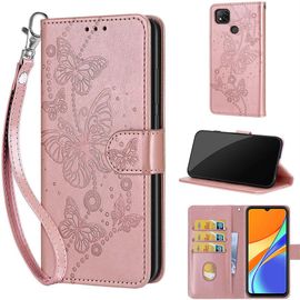 Saturcase Coque Pour Xiaomi Redmi 9c / Redmi 10a, Papillons Pu Cuir Magnétique Flip Portefeuille Support Porte-Carte Dragonne Protecteur Housse Étui Pour Xiaomi Redmi 9c / Redmi 10a (Lb-Or Rose)
