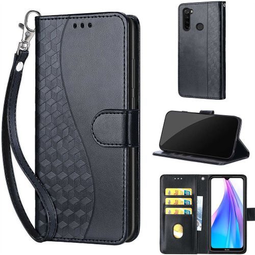 Saturcase Coque Pour Xiaomi Redmi Note 8t, S-Cube Pu Cuir Magnétique Flip Portefeuille Support Porte-Carte Dragonne Protecteur Housse Étui Pour Xiaomi Redmi Note 8t (Bl-Noir)