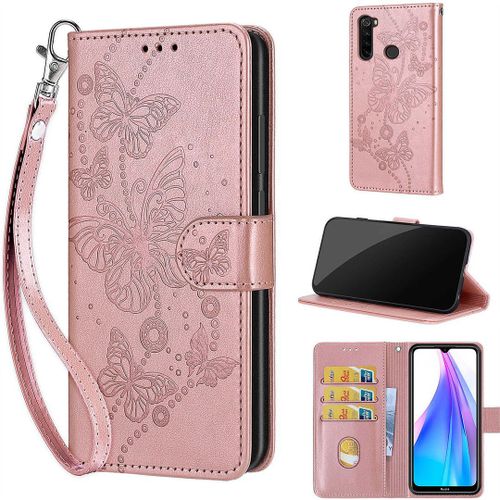 Saturcase Coque Pour Xiaomi Redmi Note 8t, Papillons Pu Cuir Magnétique Flip Portefeuille Support Porte-Carte Dragonne Protecteur Housse Étui Pour Xiaomi Redmi Note 8t (Lb-Or Rose)