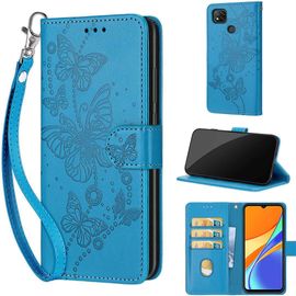 Saturcase Coque Pour Xiaomi Redmi 9c / Redmi 10a, Papillons Pu Cuir Magnétique Flip Portefeuille Support Porte-Carte Dragonne Protecteur Housse Étui Pour Xiaomi Redmi 9c / Redmi 10a (Lb-Bleu)