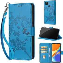 Saturcase Coque Pour Xiaomi Redmi 9c / Redmi 10a, Fleurs Pu Cuir Magnétique Flip Portefeuille Support Porte-Carte Dragonne Protecteur Housse Étui Pour Xiaomi Redmi 9c / Redmi 10a (Fb-Bleu)