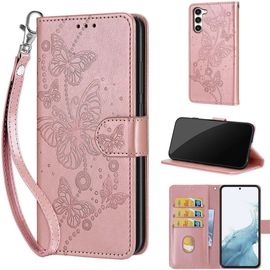 Saturcase Coque Pour Samsung Galaxy S23 Plus, Papillons Pu Cuir Magnétique Flip Portefeuille Support Porte-Carte Dragonne Protecteur Housse Étui Pour Samsung Galaxy S23 Plus (Lb-Or Rose)