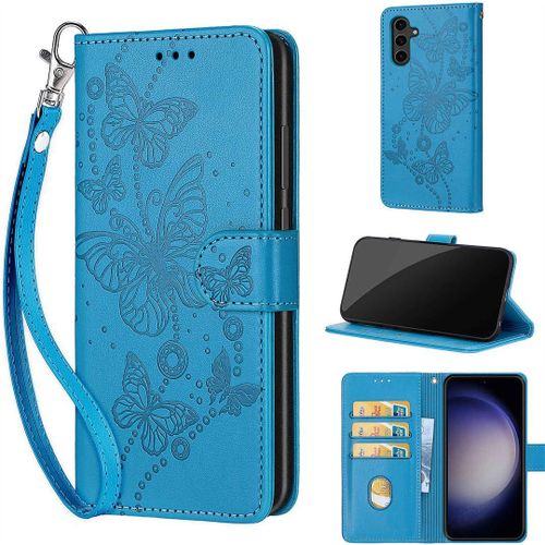Saturcase Coque Pour Samsung Galaxy S24, Papillons Pu Cuir Magnétique Flip Portefeuille Support Porte-Carte Dragonne Protecteur Housse Étui Pour Samsung Galaxy S24 (Lb-Bleu)
