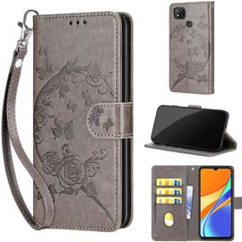 Saturcase Coque Pour Xiaomi Redmi 9c / Redmi 10a, Fleurs Pu Cuir Magnétique Flip Portefeuille Support Porte-Carte Dragonne Protecteur Housse Étui Pour Xiaomi Redmi 9c / Redmi 10a (Fb-Gris)