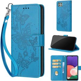 Saturcase Coque Pour Samsung Galaxy A22 5g, Papillons Pu Cuir Magnétique Flip Portefeuille Support Porte-Carte Dragonne Protecteur Housse Étui Pour Samsung Galaxy A22 5g (Lb-Bleu)