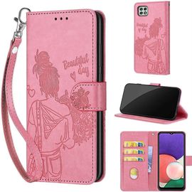 Saturcase Coque Pour Samsung Galaxy A22 5g, Fille Pu Cuir Magnétique Flip Portefeuille Support Porte-Carte Dragonne Protecteur Housse Étui Pour Samsung Galaxy A22 5g (Nh-Rose)
