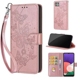 Saturcase Coque Pour Samsung Galaxy A22 5g, Papillons Pu Cuir Magnétique Flip Portefeuille Support Porte-Carte Dragonne Protecteur Housse Étui Pour Samsung Galaxy A22 5g (Lb-Or Rose)