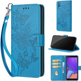 Saturcase Coque Pour Samsung Galaxy A7 2018, Papillons Pu Cuir Magnétique Flip Portefeuille Support Porte-Carte Dragonne Protecteur Housse Étui Pour Samsung Galaxy A7 2018 (Lb-Bleu)