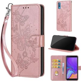 Saturcase Coque Pour Samsung Galaxy A7 2018, Papillons Pu Cuir Magnétique Flip Portefeuille Support Porte-Carte Dragonne Protecteur Housse Étui Pour Samsung Galaxy A7 2018 (Lb-Or Rose)