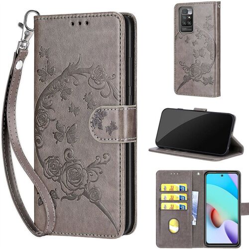 Saturcase Coque Pour Xiaomi Redmi 10, Fleurs Pu Cuir Magnétique Flip Portefeuille Support Porte-Carte Dragonne Protecteur Housse Étui Pour Xiaomi Redmi 10 (Fb-Gris)