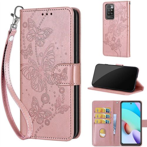 Saturcase Coque Pour Xiaomi Redmi 10, Papillons Pu Cuir Magnétique Flip Portefeuille Support Porte-Carte Dragonne Protecteur Housse Étui Pour Xiaomi Redmi 10 (Lb-Or Rose)