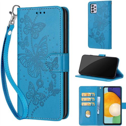 Saturcase Coque Pour Samsung Galaxy A33 5g, Papillons Pu Cuir Magnétique Flip Portefeuille Support Porte-Carte Dragonne Protecteur Housse Étui Pour Samsung Galaxy A33 5g (Lb-Bleu)