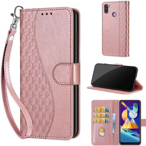 Saturcase Coque Pour Samsung Galaxy A11 / M11, S-Cube Pu Cuir Magnétique Flip Portefeuille Support Porte-Carte Dragonne Protecteur Housse Étui Pour Samsung Galaxy A11 / M11 (Bl-Or Rose)