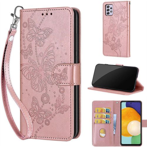 Saturcase Coque Pour Samsung Galaxy A33 5g, Papillons Pu Cuir Magnétique Flip Portefeuille Support Porte-Carte Dragonne Protecteur Housse Étui Pour Samsung Galaxy A33 5g (Lb-Or Rose)