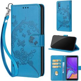 Saturcase Coque Pour Samsung Galaxy A7 2018, Fleurs Pu Cuir Magnétique Flip Portefeuille Support Porte-Carte Dragonne Protecteur Housse Étui Pour Samsung Galaxy A7 2018 (Fb-Bleu)