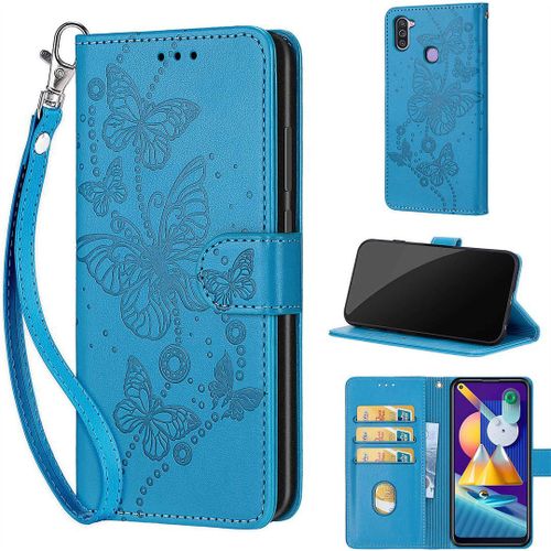 Saturcase Coque Pour Samsung Galaxy A11 / M11, Papillons Pu Cuir Magnétique Flip Portefeuille Support Porte-Carte Dragonne Protecteur Housse Étui Pour Samsung Galaxy A11 / M11 (Lb-Bleu)