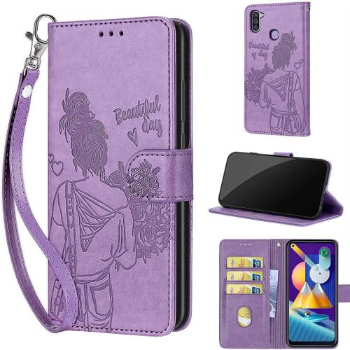 Saturcase Coque Pour Samsung Galaxy A11 / M11, Fille Pu Cuir Magnétique Flip Portefeuille Support Porte-Carte Dragonne Protecteur Housse Étui Pour Samsung Galaxy A11 / M11 (Nh-Violet)