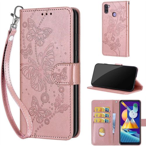 Saturcase Coque Pour Samsung Galaxy A11 / M11, Papillons Pu Cuir Magnétique Flip Portefeuille Support Porte-Carte Dragonne Protecteur Housse Étui Pour Samsung Galaxy A11 / M11 (Lb-Or Rose)