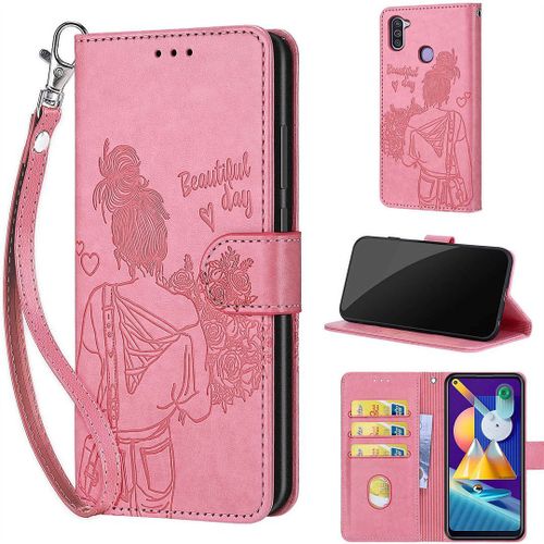 Saturcase Coque Pour Samsung Galaxy A11 / M11, Fille Pu Cuir Magnétique Flip Portefeuille Support Porte-Carte Dragonne Protecteur Housse Étui Pour Samsung Galaxy A11 / M11 (Nh-Rose)