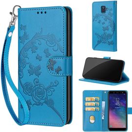 Saturcase Coque Pour Samsung Galaxy A6 2018, Fleurs Pu Cuir Magnétique Flip Portefeuille Support Porte-Carte Dragonne Protecteur Housse Étui Pour Samsung Galaxy A6 2018 (Fb-Bleu)