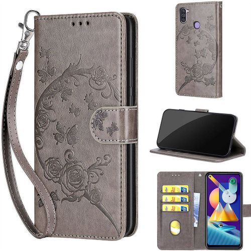 Saturcase Coque Pour Samsung Galaxy A11 / M11, Fleurs Pu Cuir Magnétique Flip Portefeuille Support Porte-Carte Dragonne Protecteur Housse Étui Pour Samsung Galaxy A11 / M11 (Fb-Gris)