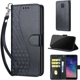 Saturcase Coque Pour Samsung Galaxy A6 2018, S-Cube Pu Cuir Magnétique Flip Portefeuille Support Porte-Carte Dragonne Protecteur Housse Étui Pour Samsung Galaxy A6 2018 (Bl-Noir)