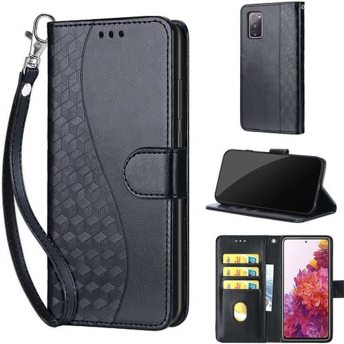 Saturcase Coque Pour Samsung Galaxy S20 Fe 5g, S-Cube Pu Cuir Magnétique Flip Portefeuille Support Porte-Carte Dragonne Protecteur Housse Étui Pour Samsung Galaxy S20 Fe 5g (Bl-Noir)
