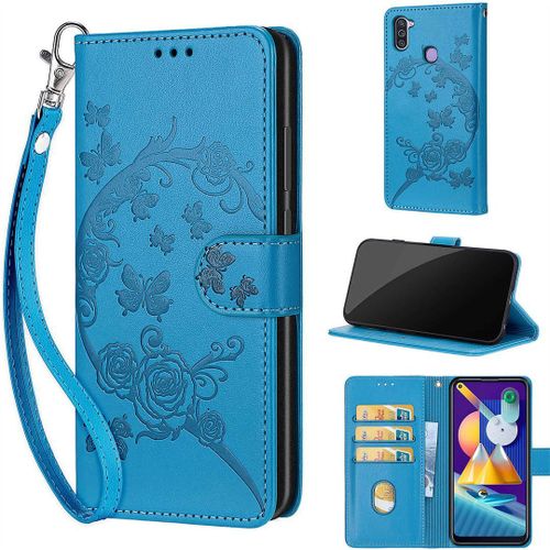 Saturcase Coque Pour Samsung Galaxy A11 / M11, Fleurs Pu Cuir Magnétique Flip Portefeuille Support Porte-Carte Dragonne Protecteur Housse Étui Pour Samsung Galaxy A11 / M11 (Fb-Bleu)