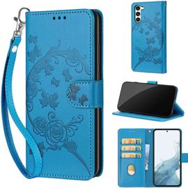 Saturcase Coque Pour Samsung Galaxy S23 Plus, Fleurs Pu Cuir Magnétique Flip Portefeuille Support Porte-Carte Dragonne Protecteur Housse Étui Pour Samsung Galaxy S23 Plus (Fb-Bleu)