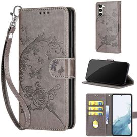 Saturcase Coque Pour Samsung Galaxy S23 Plus, Fleurs Pu Cuir Magnétique Flip Portefeuille Support Porte-Carte Dragonne Protecteur Housse Étui Pour Samsung Galaxy S23 Plus (Fb-Gris)