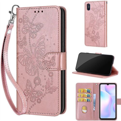 Saturcase Coque Pour Xiaomi Redmi 9a, Papillons Pu Cuir Magnétique Flip Portefeuille Support Porte-Carte Dragonne Protecteur Housse Étui Pour Xiaomi Redmi 9a (Lb-Or Rose)