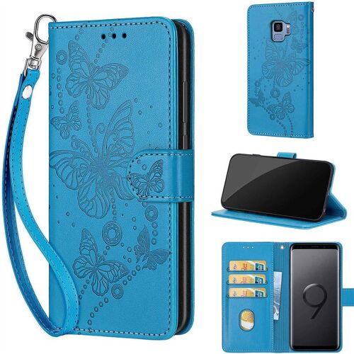 Saturcase Coque Pour Samsung Galaxy S9, Papillons Pu Cuir Magnétique Flip Portefeuille Support Porte-Carte Dragonne Protecteur Housse Étui Pour Samsung Galaxy S9 (Lb-Bleu)
