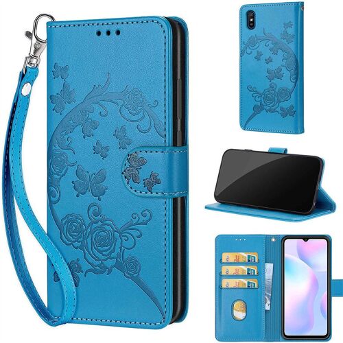 Saturcase Coque Pour Xiaomi Redmi 9a, Fleurs Pu Cuir Magnétique Flip Portefeuille Support Porte-Carte Dragonne Protecteur Housse Étui Pour Xiaomi Redmi 9a (Fb-Bleu)
