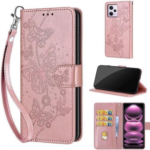 Saturcase Coque Pour Xiaomi Redmi Note 12 Pro 5g, Papillons Pu Cuir Magnétique Flip Portefeuille Support Porte-Carte Dragonne Protecteur Housse Étui Pour Xiaomi Redmi Note 12 Pro 5g (Lb-Or Rose)